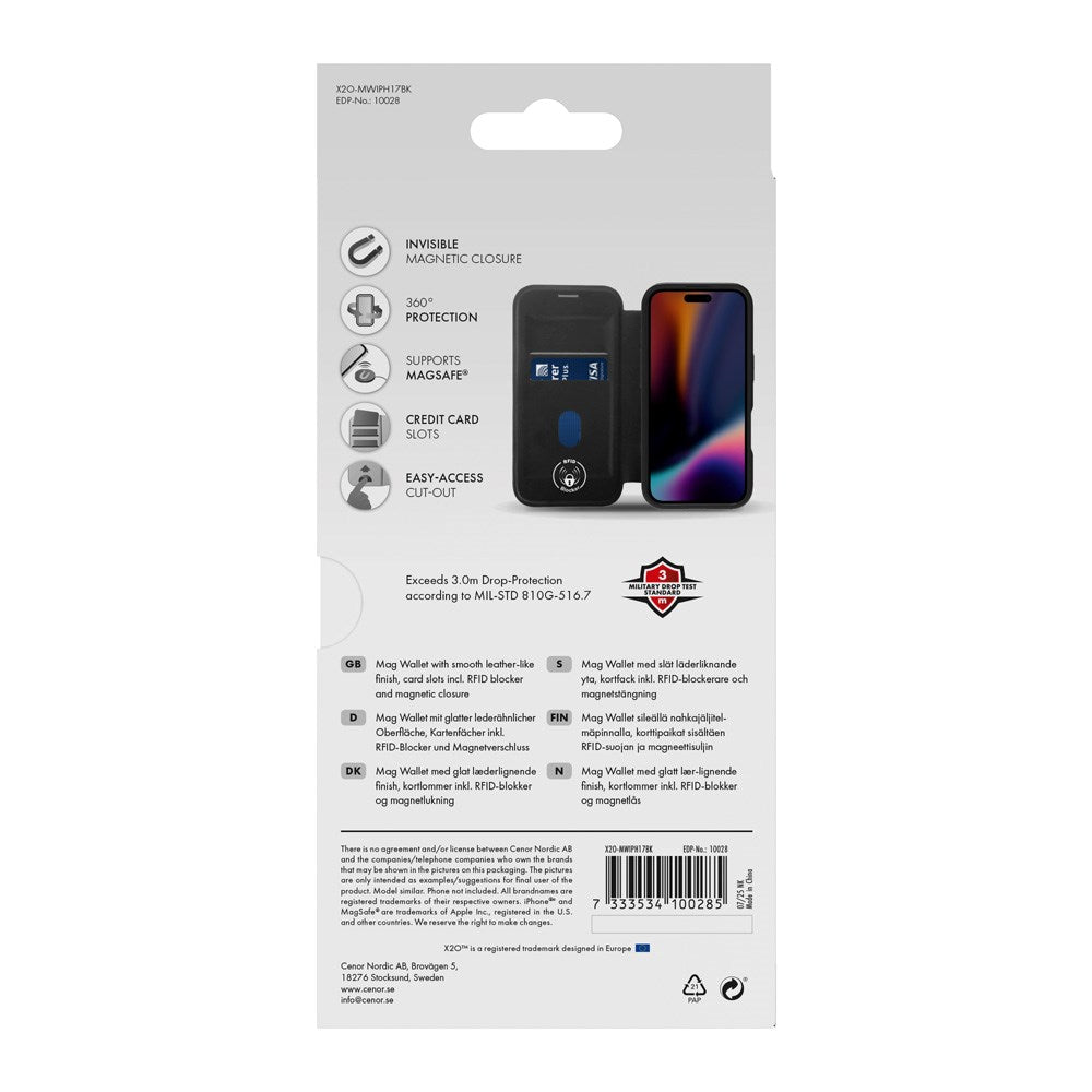 iPhone 17 X2O Mag Wallet Flip Case m. Indbygget Kortholder - Sort
