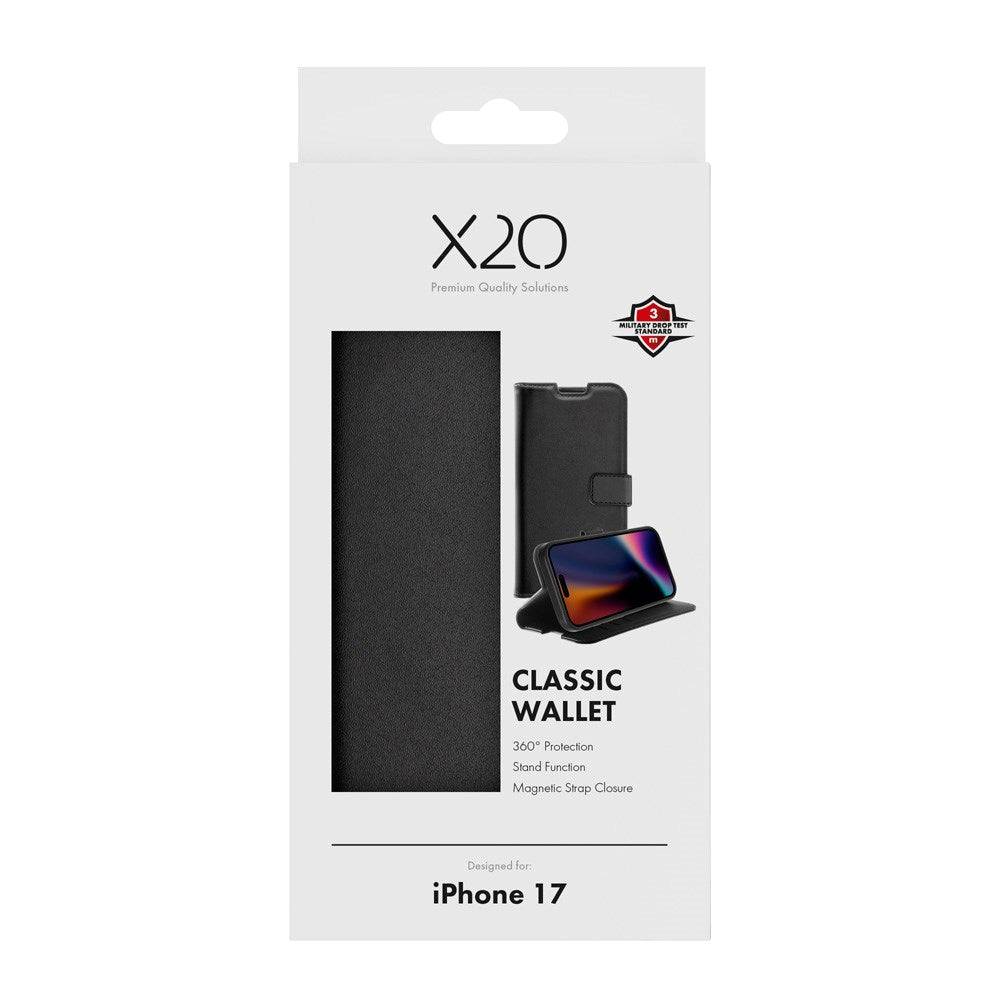 iPhone 17 X2O Classic Wallet Flip Case m. Pung & Ståfunktion - Sort