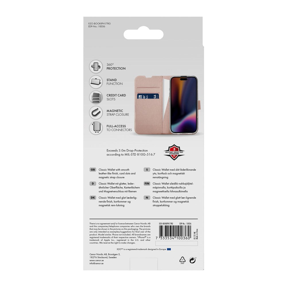 iPhone 17 X2O Classic Wallet Flip Case m. Pung & Ståfunktion - Rose Gold