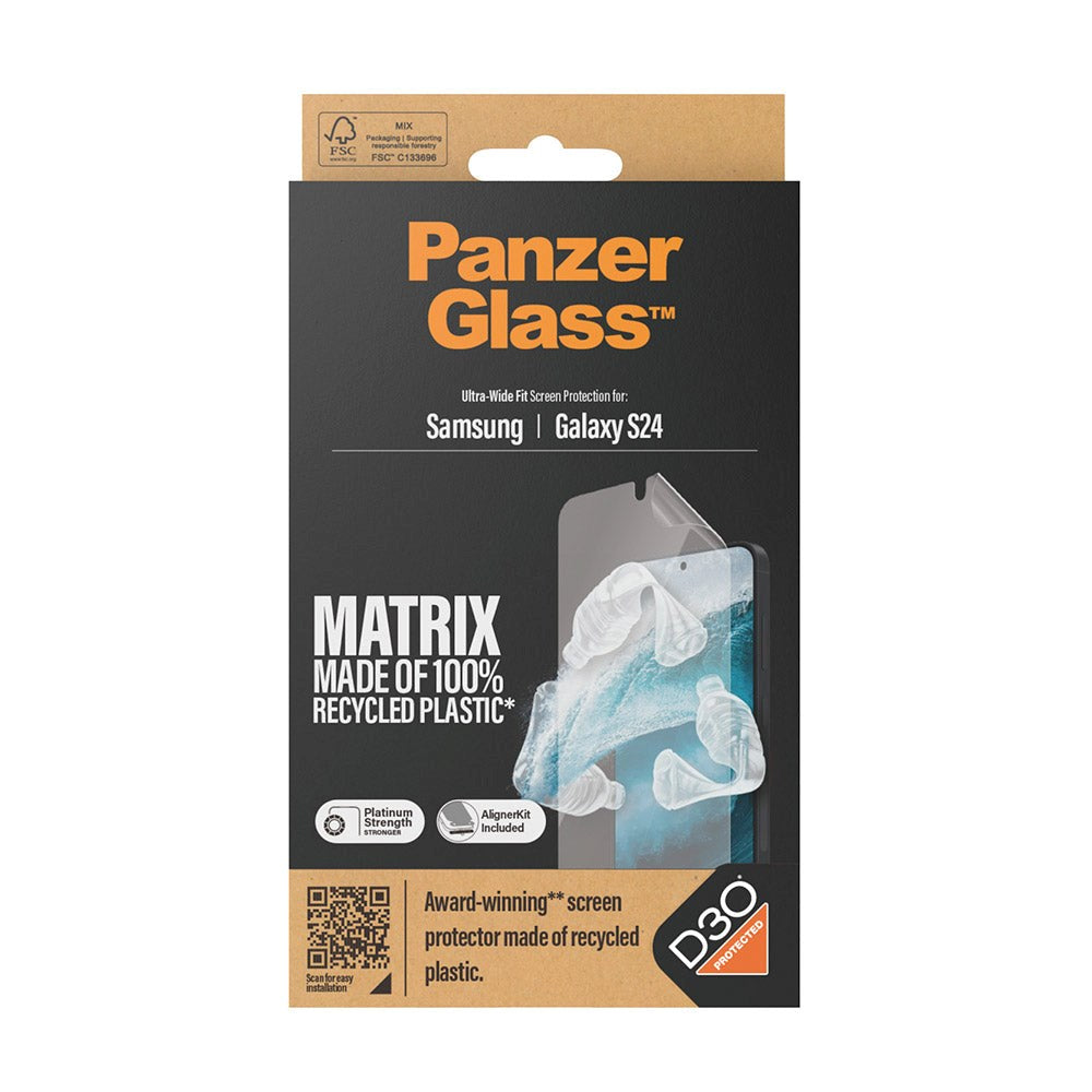 Samsung Galaxy S24 PanzerGlass Matrix AntiBacterial Ultra Wide Fit Plastikbeskyttelse - AlignerKit - Platinum Strength - Gennemsigtig