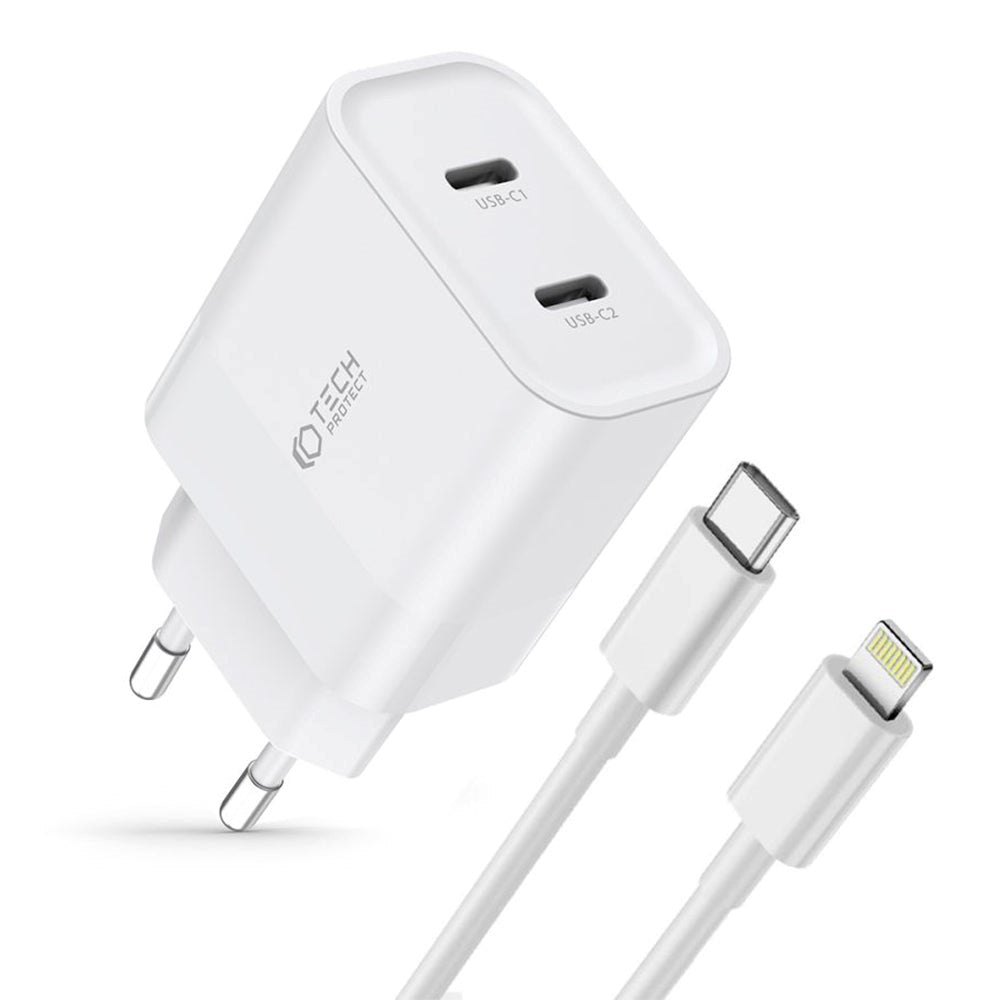 Tech-Protect 20W Vægoplader m. 2 x USB-C & USB-C til Lightning Kabel - Hvid