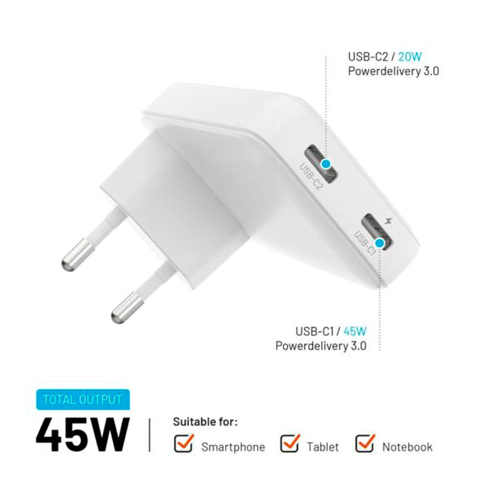 Fixed Slim GaN 90W USB-C Oplader - 2 Porte - Hurtigopladning - Hvid