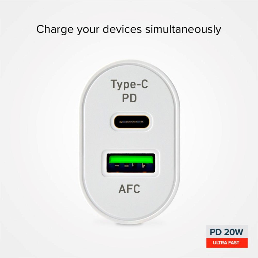 SBS 20W Hurtig Vægoplader m. USB-C PD & USB-A AFC - Hvid