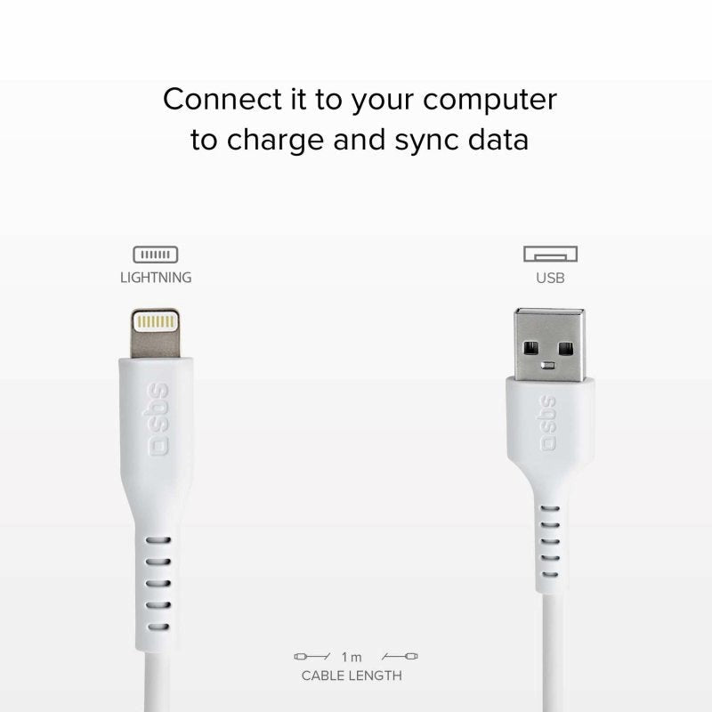 SBS USB-A til Lightning Kabel - 1 Meter - MFI - 480 Mbit/s - Hvid