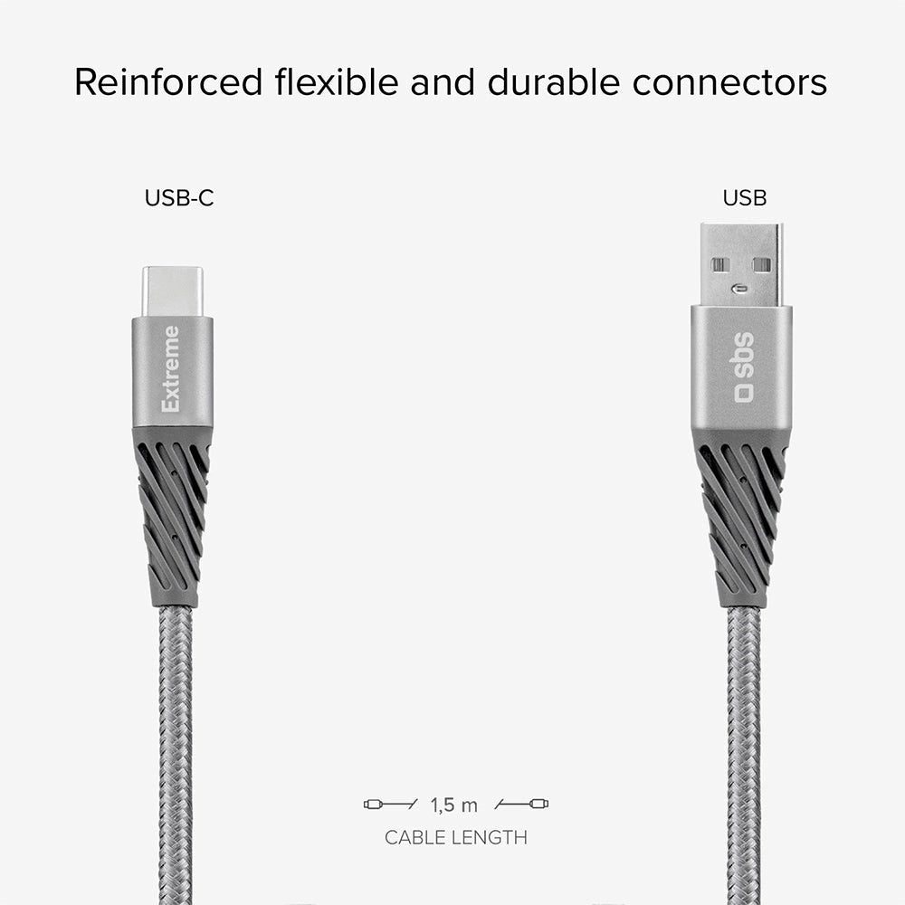 SBS Extreme Collection USB-A til USB-C Flettet Aramid Fiber Kabel - 1.5 Meter - 480 Mbit/s - Sort