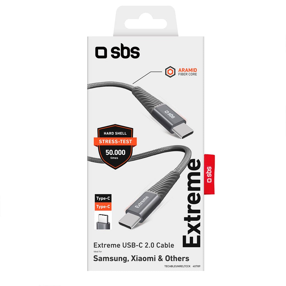 SBS Extreme Collection USB-C til USB-C Flettet Aramid Fiber Kabel - 1.5 Meter - 480 Mbit/s - Sort