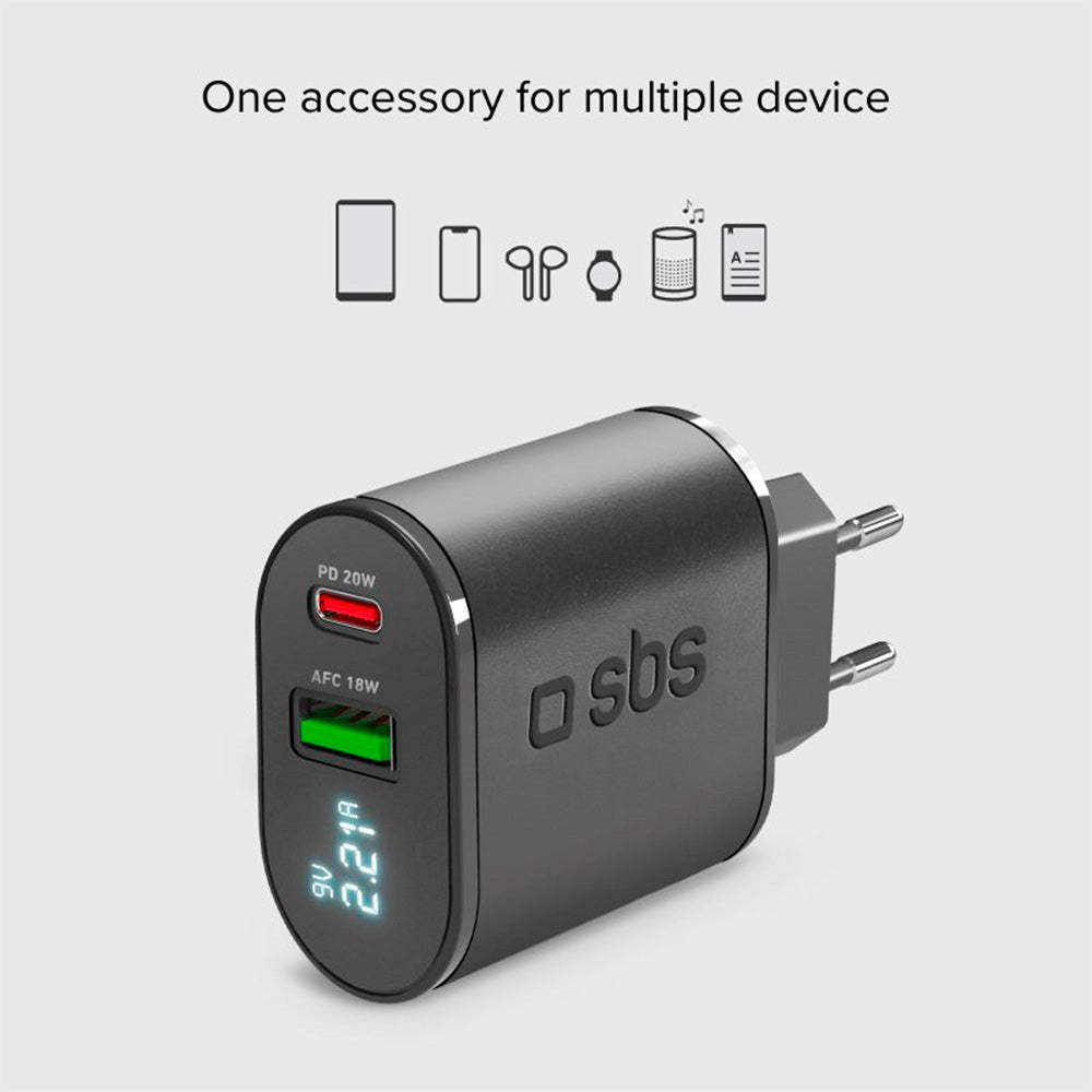 SBS 20W LCD-Skærm Vægoplader m. USB-C PD & USB-A AFC - Sort