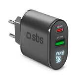 SBS 20W LCD-Skærm Vægoplader m. USB-C PD & USB-A AFC - Sort