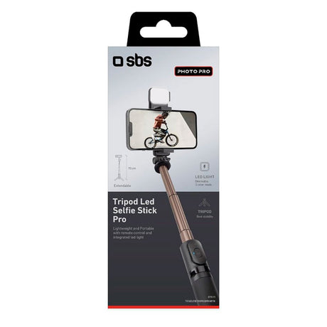 SBS Selfie Stick m. Indbygget LED & Tripod - Max Mobil: 60 - 95mm - Sort