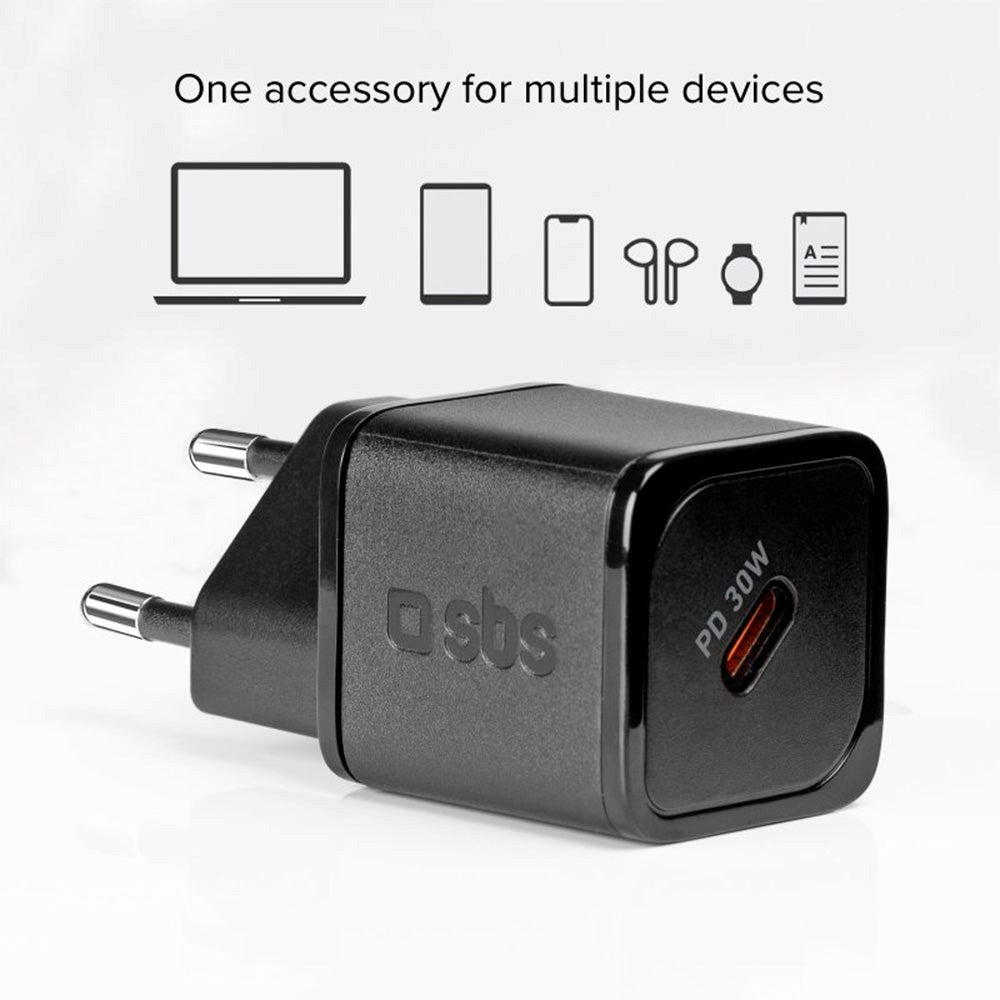 SBS NanoTube 30W GaN Vægoplader m. USB-C PD - Sort