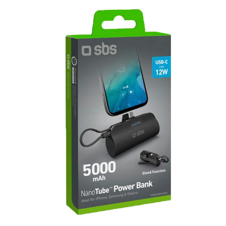 SBS Powerbank Nano Tube 12W / 5.000mAh m. Stand & USB-C Kabel - Sort