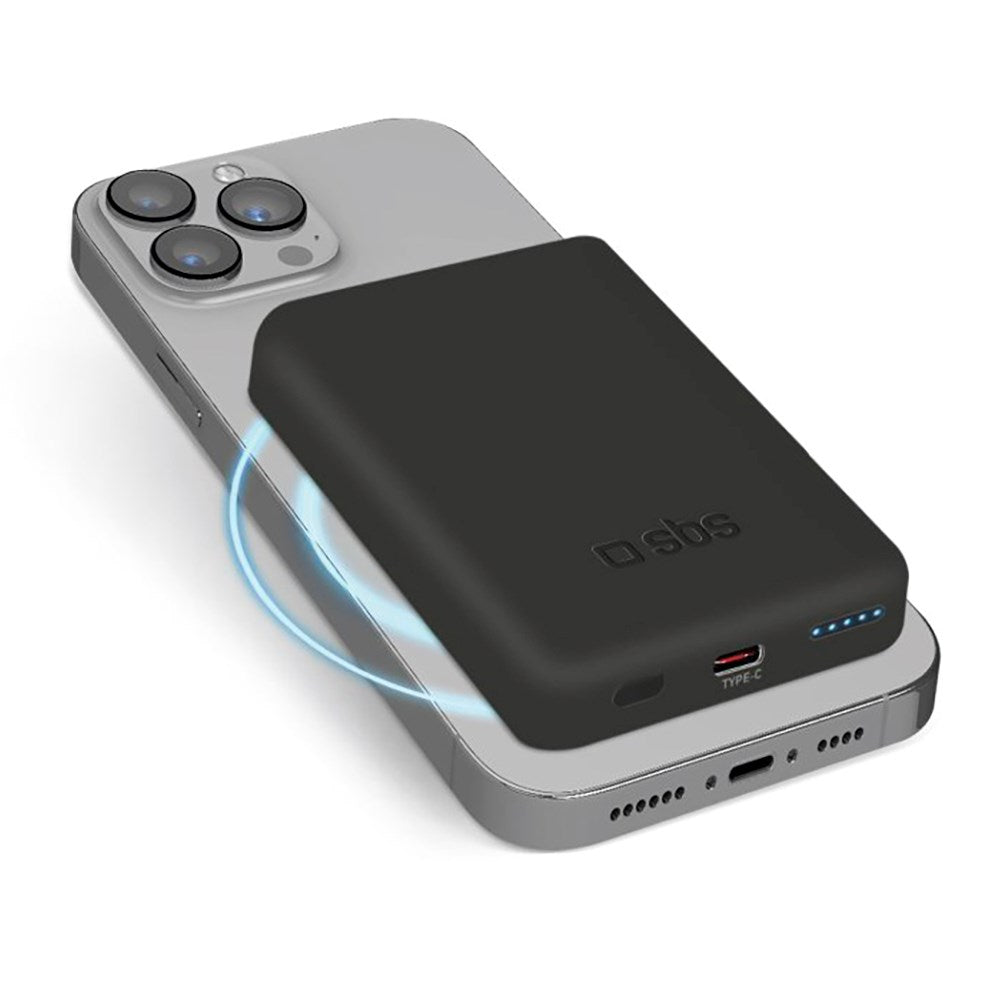 SBS Mag 5000 mAh PowerBank m. USB-C & Trådløs Opladning - Sort