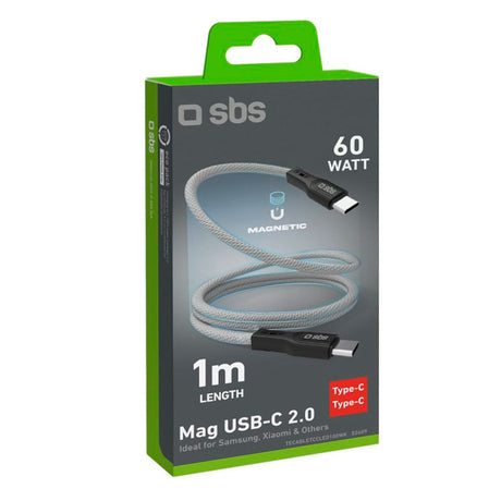 SBS Mag USB-C til USB-C Magnetisk Braided Kabel - 1 Meter - 60W - Grå