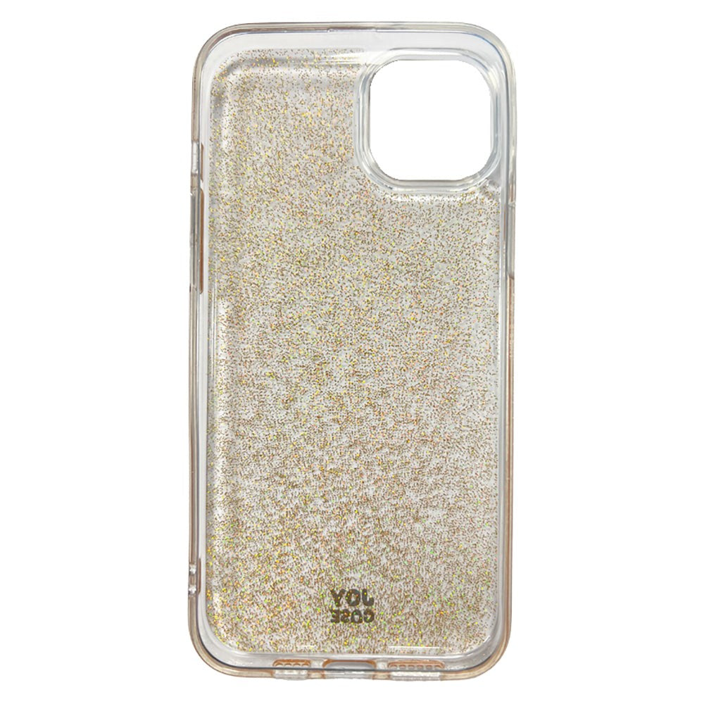 iPhone 15 Plus Joy Case Hybrid Glitter Bagside Cover - Gennemsigtig / Guld