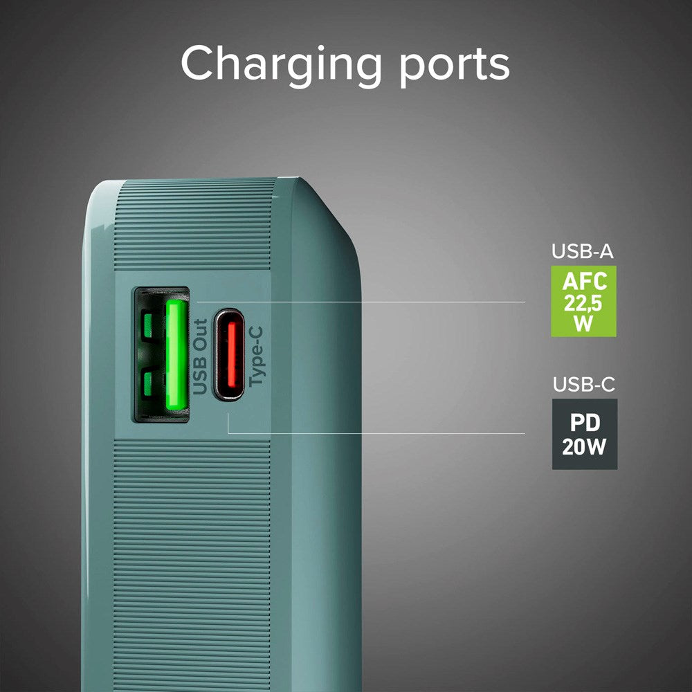 20W LCD PowerBank m. 1x USB-A & 1x USB-C - SBS - 10.000 mAh - Indbygget USB-C Kabel - Lyseblå