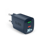 SBS - 30W - LCD Vægoplader - 1x USB-A & 1x USB-C - Blå