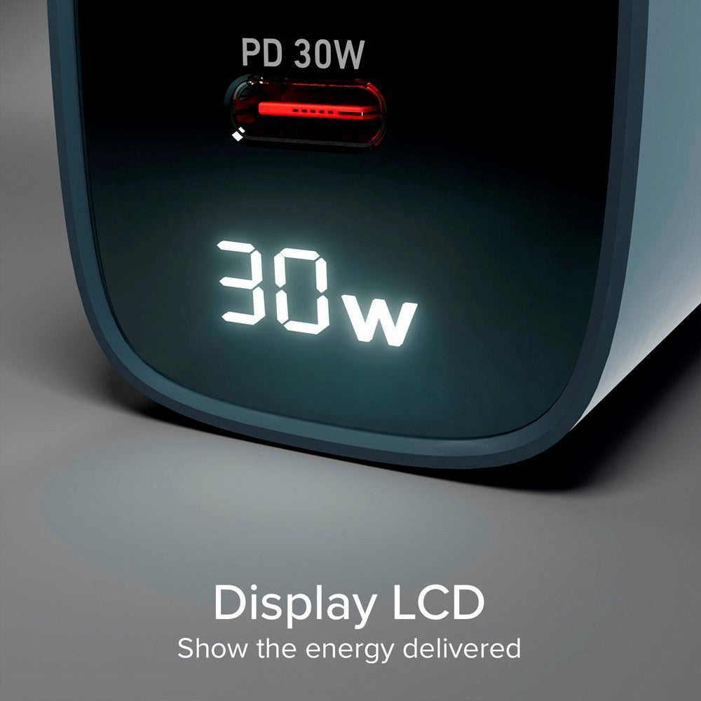 SBS - 30W - LCD Vægoplader - 1x USB-A & 1x USB-C - Blå