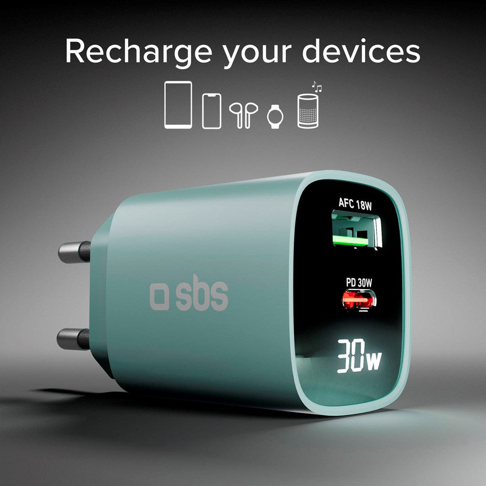 SBS - 30W - LCD Vægoplader - 1x USB-A & 1x USB-C - Lyseblå