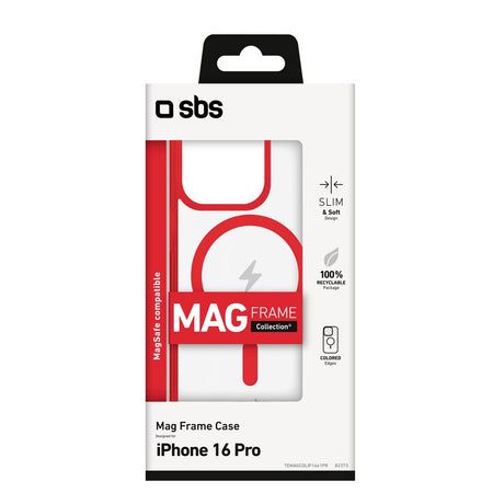 SBS Mag Frame iPhone 16 Pro Bagside Cover - MagSafe Kompatibel - Gennemsigtig / Rød