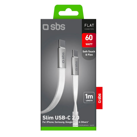 SBS Flat Cable - 60W USB-C til USB-C Kabel - 1m - Hvid