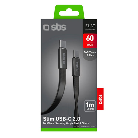 SBS Flat Cable - 60W USB-C til USB-C Kabel - 1m - Sort