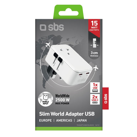 SBS Ekstra Slank Rejseadapter - UK / US / AUS - 1 x USB-A - 2 x USB-C - Hvid