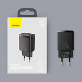 Baseus Compact 20W Vægoplader USB-C & USB-A Quick Charge - Sort