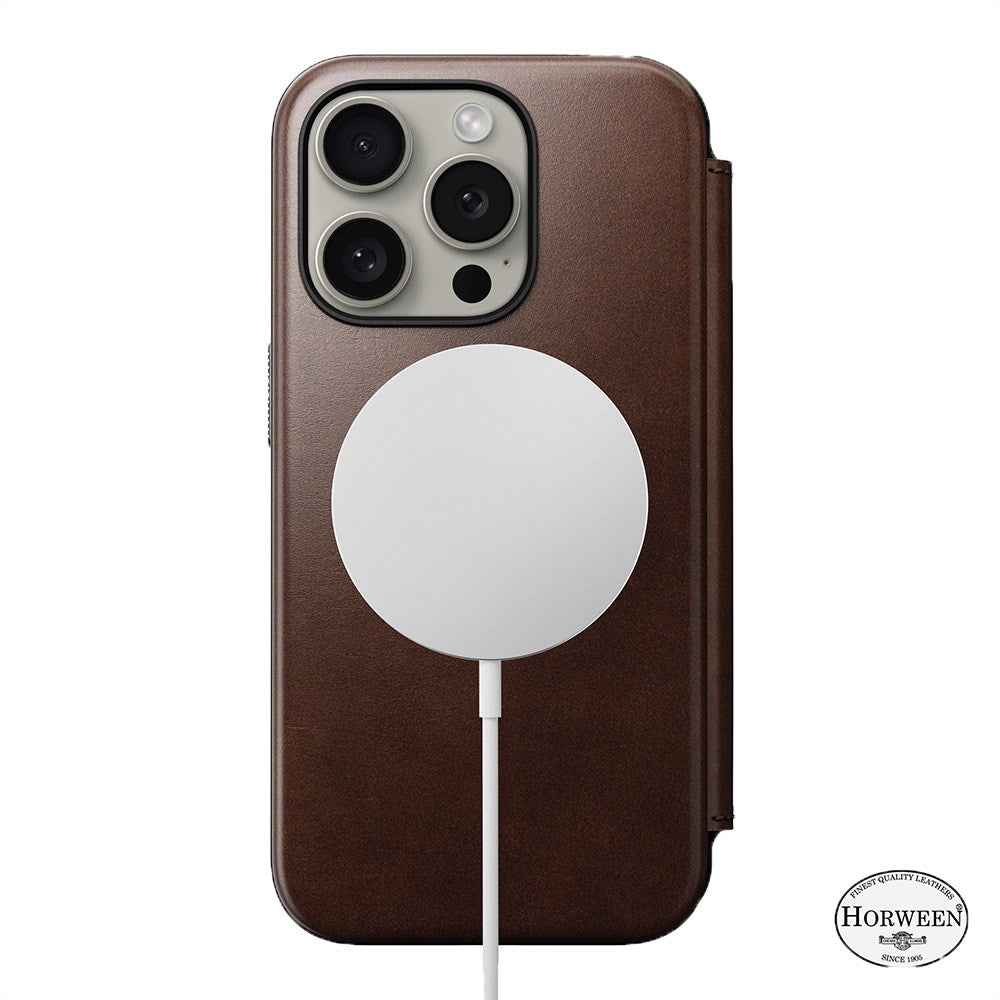 iPhone 15 Pro Nomad Modern Horween Leather Folio Cover - MagSafe Kompatibel - Brun