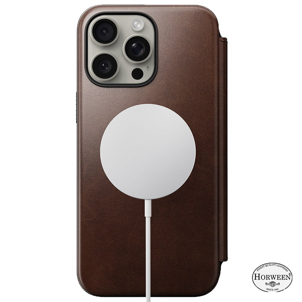 iPhone 15 Pro Max Nomad Modern Horween Leather Folio Cover - MagSafe Kompatibel - Brun