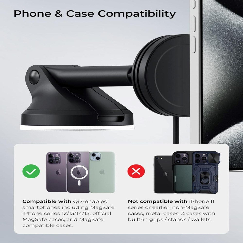 iOttie Velox Qi2 Trådløs Opladningsholder - Instrumentbræt / Forrude - MagSafe Kompatibel - Sort