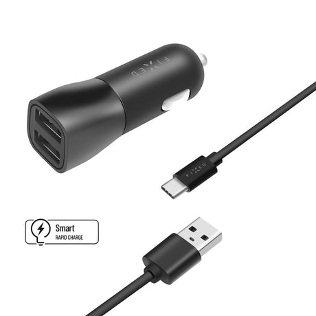 Fixed Dual Biloplader 15W m. 2 x USB-A & 1 x USB-A til USB-C Kabel - Sort