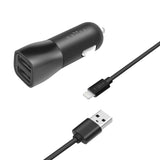 Fixed Dual Biloplader 15W m. 2 x USB-A & 1 x USB-A til Lightning Kabel - Sort