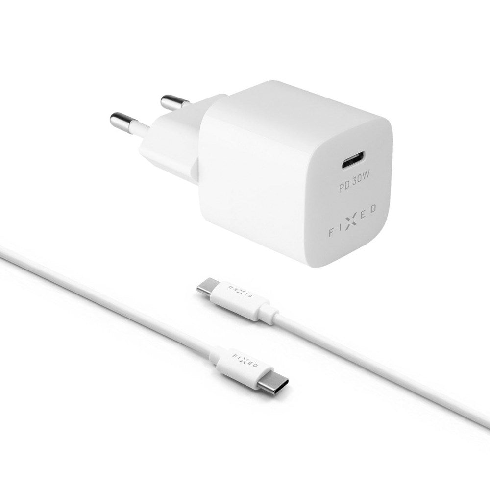 Fixed 30W USB-C PD Hurtig Vægoplader m. USB-C til USB-C Kabel - Hvid