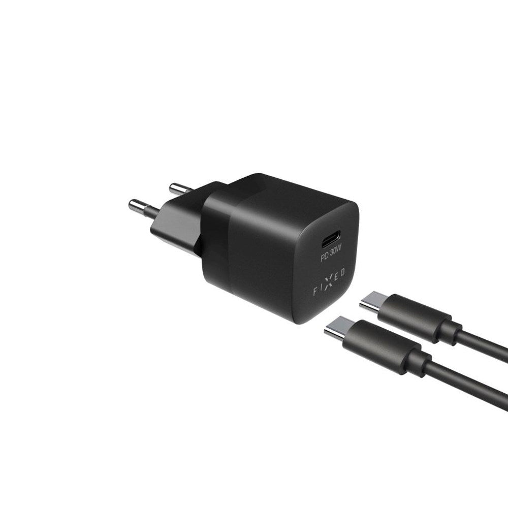 Fixed 30W USB-C PD Hurtig Vægoplader m. USB-C til USB-C Kabel - Sort