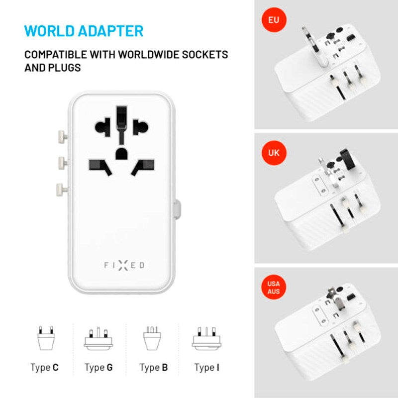 Fixed - Universal Rejse Adapter - 120W - EU / UK / USA / AUS - Hvid