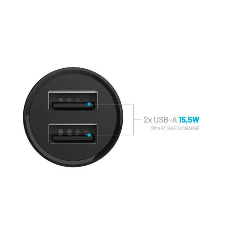 Fixed - Mini Biloplader 2x USB-A / 1x USB-C Kabel - 15W - 1m - Sort