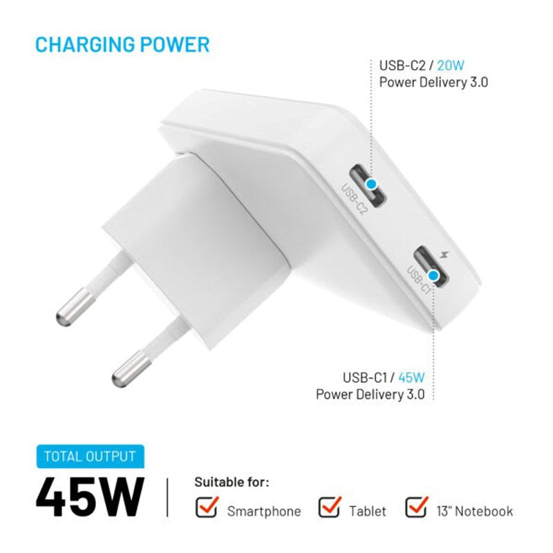 Fixed Slank Rejseadapter m. 2 x USB-C - EU / UK / US / AUS - Hvid