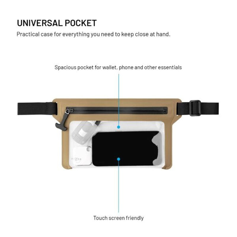 Fixed Vandtæt Bæltetaske m. Lynlås - Maks. Mobilmål: 200 x 138mm - Beige / Gennemsigtig