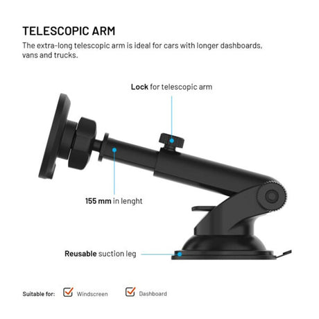 Fixed Mobilholder til Bil med 15W Trådløs Opladning til Forrude / Instrumentbræt - Sort