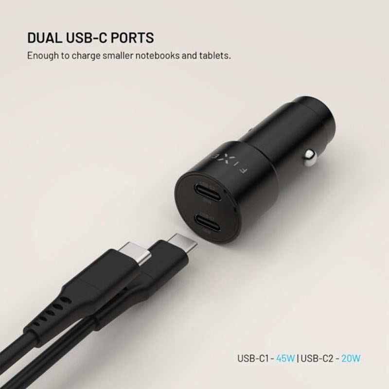 Fixed Biloplader - 65W - 2 x USB-C - Sort