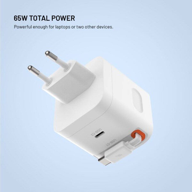 Fixed 65W USB-C Vægoplader inkl. Udtrækkeligt USB-C Kabel - Hvid