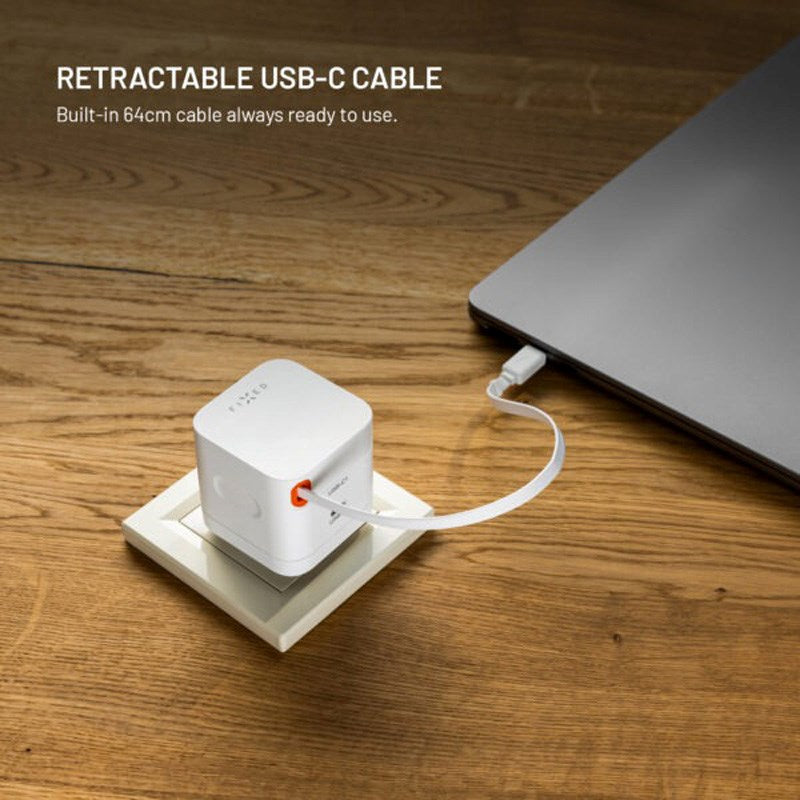 Fixed 65W USB-C Vægoplader inkl. Udtrækkeligt USB-C Kabel - Hvid