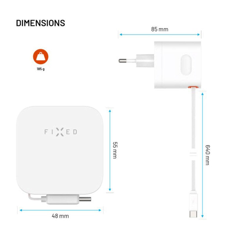 Fixed 65W USB-C Vægoplader inkl. Udtrækkeligt USB-C Kabel - Hvid