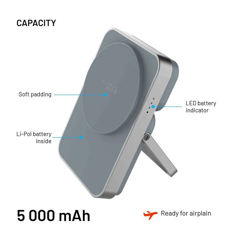 Fixed MagZen 5 Qi2 PowerBank m. Ståfunktion & Apple Watch Oplader - MagSafe Kompatibel - 20W / 5000 mAh - Grå