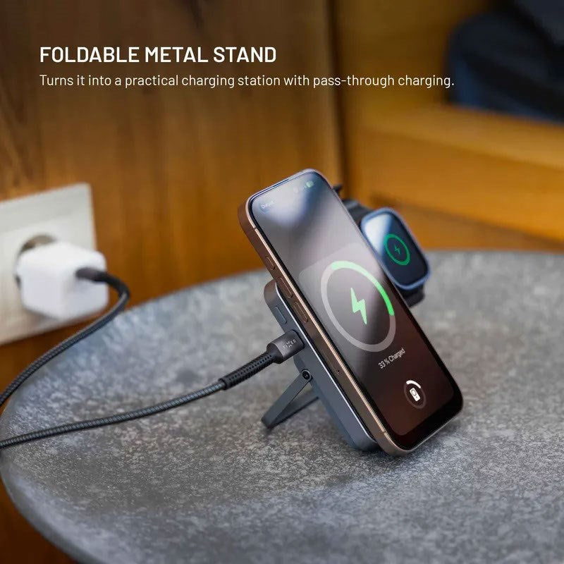 Fixed MagZen 5 Qi2 PowerBank m. Ståfunktion & Apple Watch Oplader - MagSafe Kompatibel - 20W / 5000 mAh - Grå
