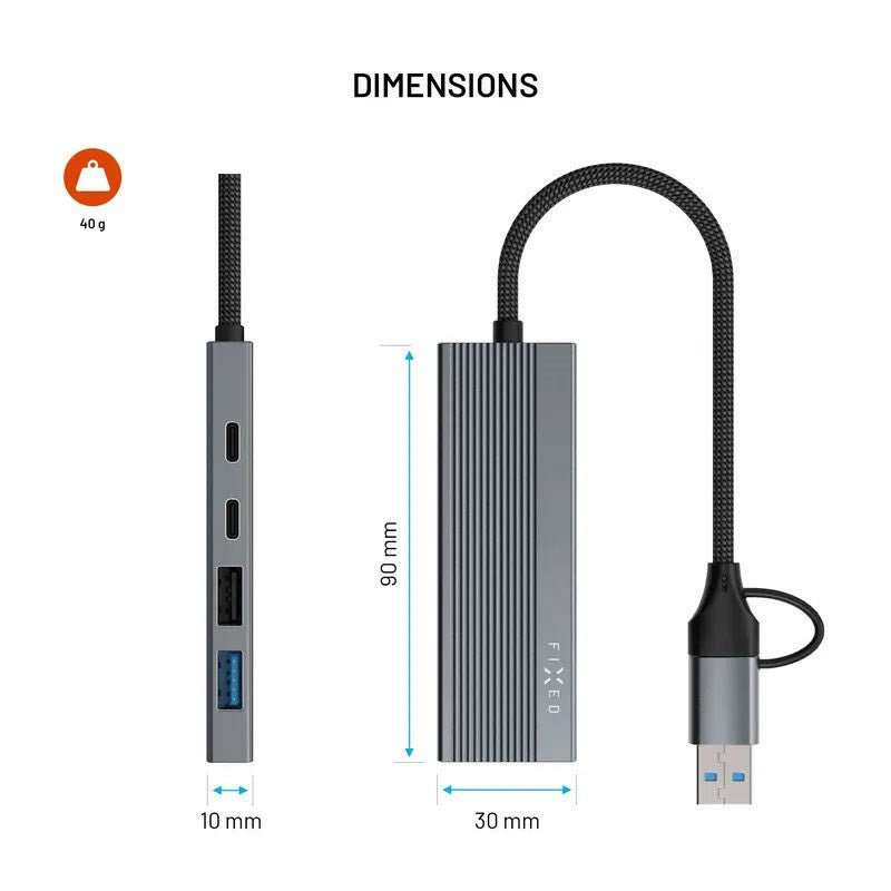 Fixed 4-in-1 USB-C Multiport Hub - 2 x USB-A - 2 x USB-C - Sølv