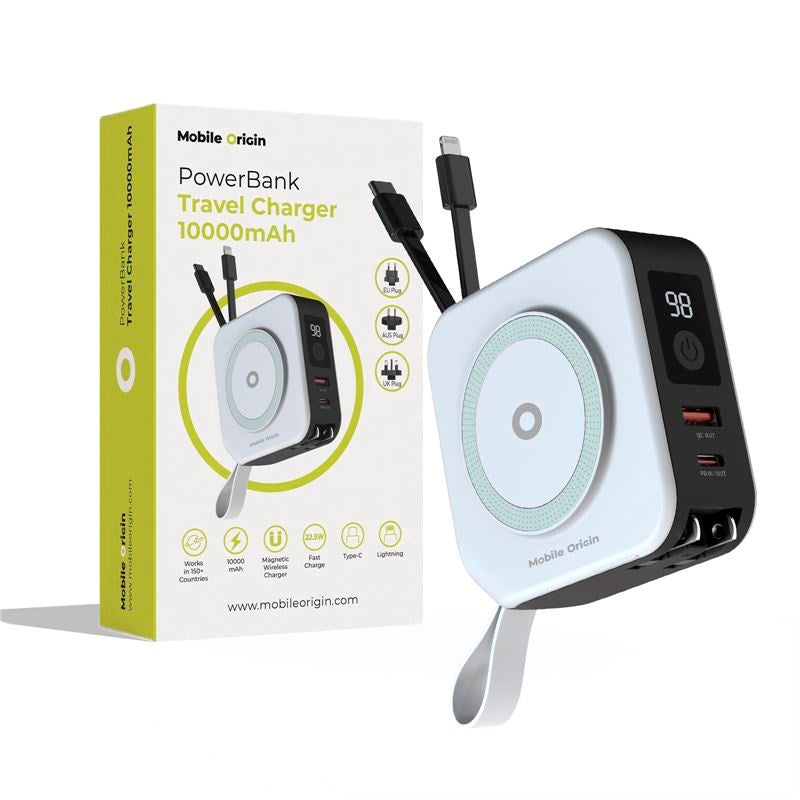 Rejse Oplader m. Powerbank - 10.000 mAh - Mobile Origin - MagSafe Kompatibel - Hvid