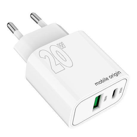 Mobile Origin - MO12 20W Vægoplader m. 1x USB-A & 1x USB-C - Hvid