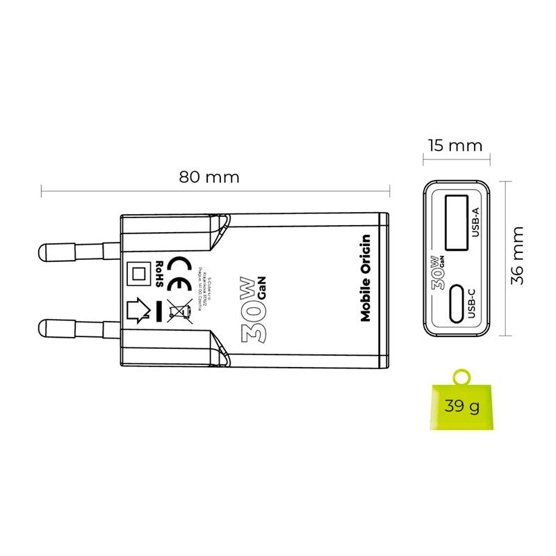 Mobile Origin - MO16 30W Slim Vægoplader m. 1x USB-C & 1x USB-A - Hvid