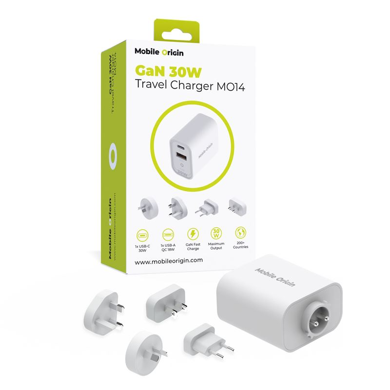 Mobile Origin GaN 30W Rejseadapter - EU, USA, UK, AUS - Hvid